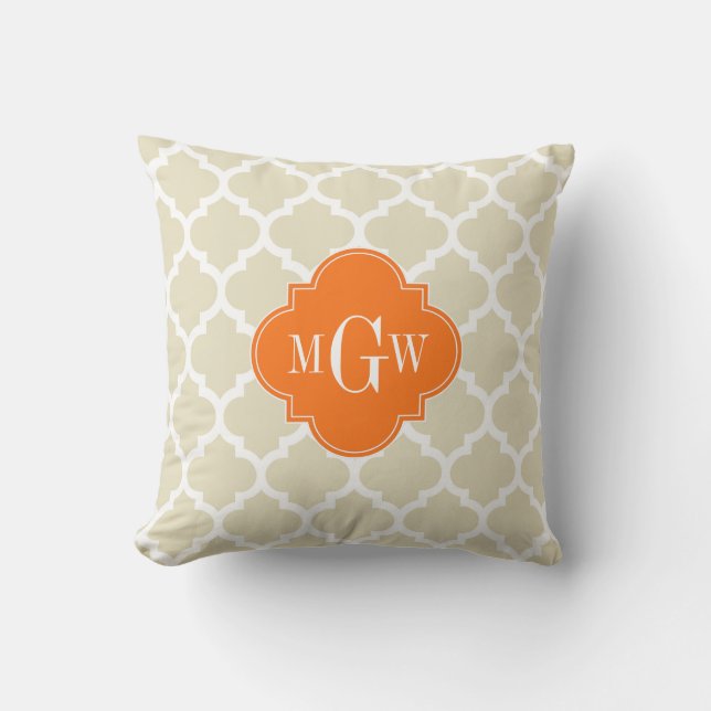 Beige, WhMoroccan #5 Pumpkin 3 Initiaal Monogram Kussen (Voorkant)