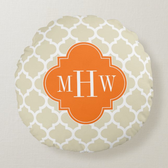 Beige, WhMoroccan #5 Pumpkin 3 Initiaal Monogram Rond Kussen (Voorkant)