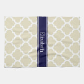 Beige Wht Moroccan #5 Navy Blue Name Monogram Theedoek (Horizontaal)