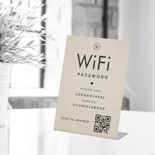Beige WiFi-wachtwoord Code Business Logo QR Code Reclamebord Met Voetstuk