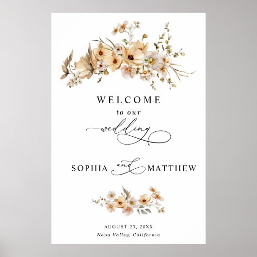 Beige Wild Flowers Wedding Poster (Voorkant)
