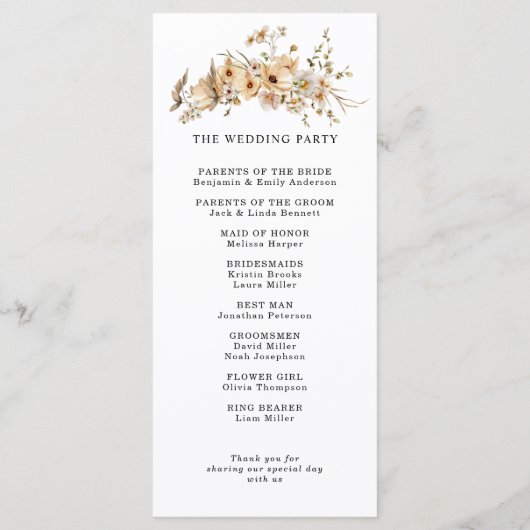 Beige Wild Flowers Wedding Programma (Achterkant)