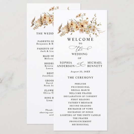 Beige Wild Flowers Wedding Programma (Voorkant / Achterkant)