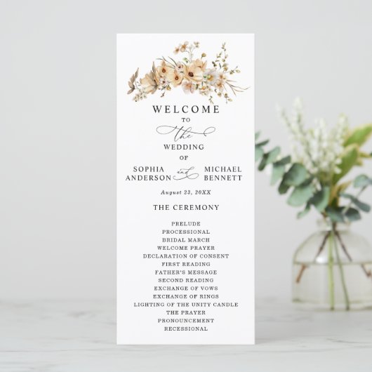 Beige Wild Flowers Wedding Programma (Staand voorkant)