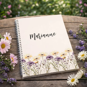 Beige wilde bloemen geel aangepaste naam script notitieboek