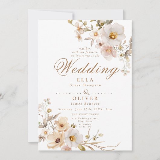 Beige Wildflowers Neutraal Boho Elegant Huwelijk Kaart (Voorkant)