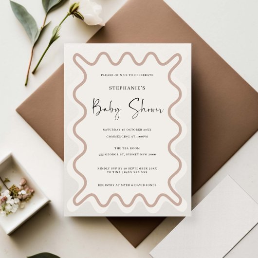 Beige Wit Border Baby shower Invitation Kaart