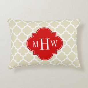 Beige, Wit Marokkaans #5 Rood 3 Initiaal Monogram Decoratief Kussen