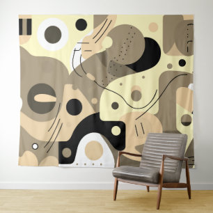 Beige wit zwart, grillige vormen modern design wandkleed
