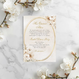 Beige Witte bloem Spaanse Quinceanera Kaart