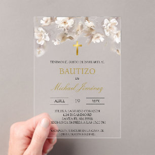 Beige witte bloemendoop Spaanse doop Uitnodiging Acryl Uitnodigingen