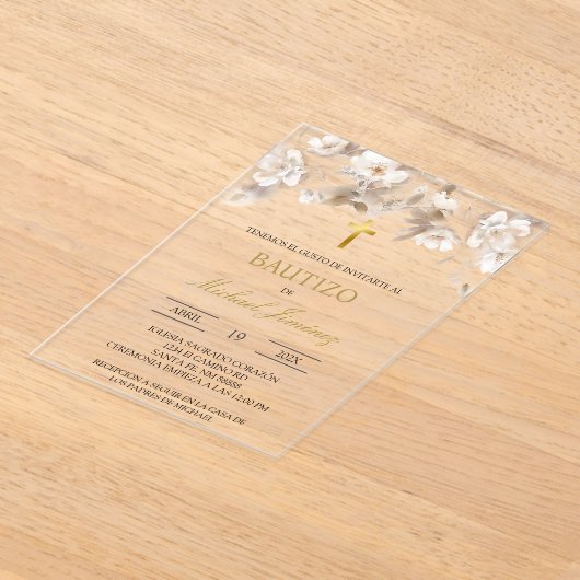 Beige witte bloemendoop Spaanse doop Uitnodiging Acryl Uitnodigingen (Laagn)
