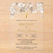 Beige witte bloemendoop Spaanse doop Uitnodiging Acryl Uitnodigingen (Voorkant)