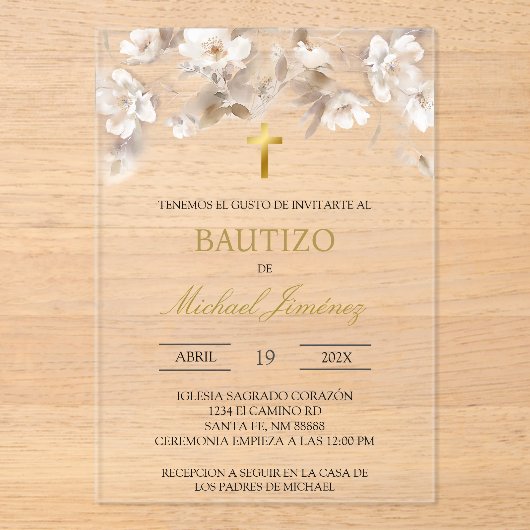 Beige witte bloemendoop Spaanse doop Uitnodiging Acryl Uitnodigingen (Voorkant)