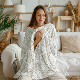 Beige & Witte Glanzende Quatrefoil Patroon Sherpa Deken