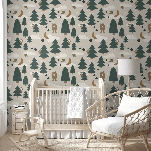 Beige Woodland Dier Kinder Wallpaper Behang (Kinderen)
