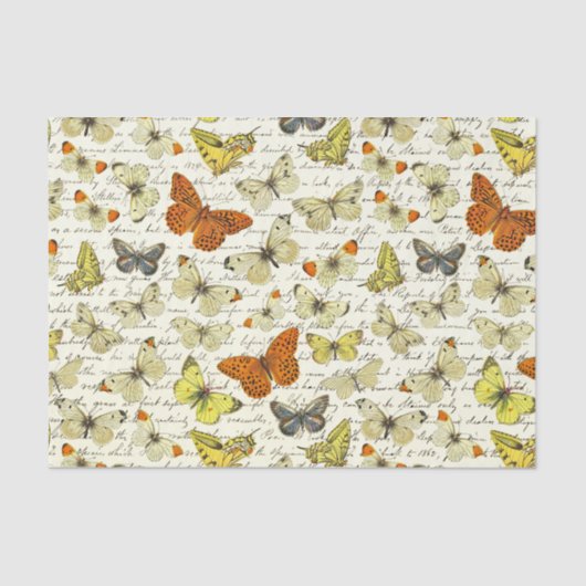  Beige Yellow Butterfly Pattern Script Tissuepapier (Voorkant)