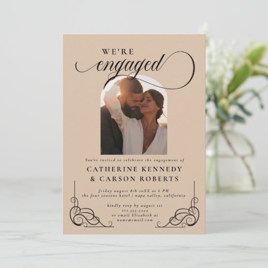 Beige & Zwart Script Kalligrafie Betrokkenheid Par Kaart (Staand voorkant)