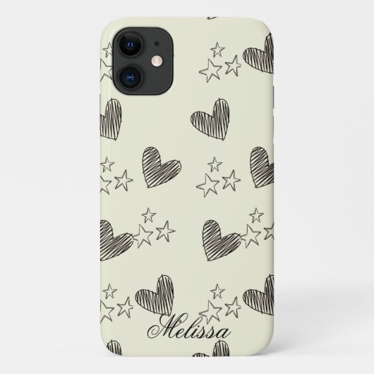 Beige Zwart-wit Minimal Heart Stars Script Case-Mate iPhone Case (Achterkant)