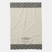 Beige Zwarte Art Deco Japanse Fan Custom Monogram Theedoek (Verticaal)