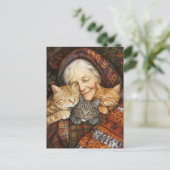 Bejaarde vrouw omhelst drie gezellige katten briefkaart (Staand voorkant)