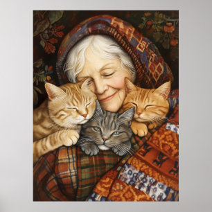 Bejaarde vrouw omhelst drie gezellige katten poster