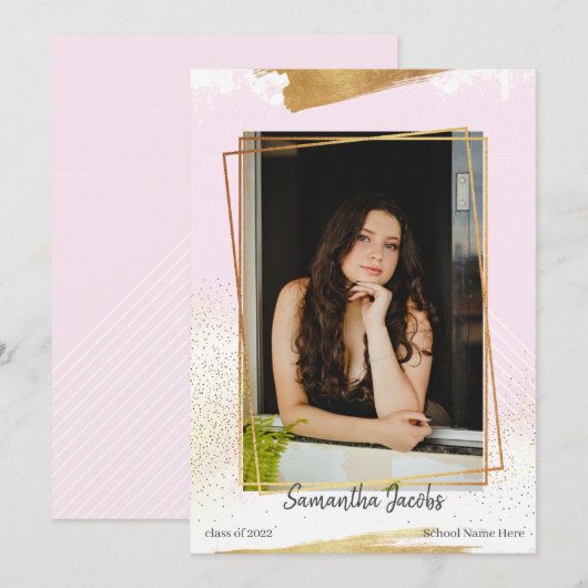 Bekendmaking van Cute Pink & Gold Framed Afstudere Kaart (Voorkant / Achterkant)