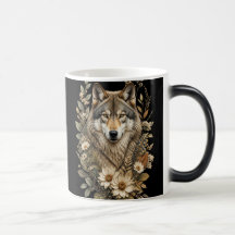 Beker met een majestueuze wolf en bloemrijke natuu