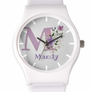 Bekijk een Floral Design met naam en Initiaal Horloge