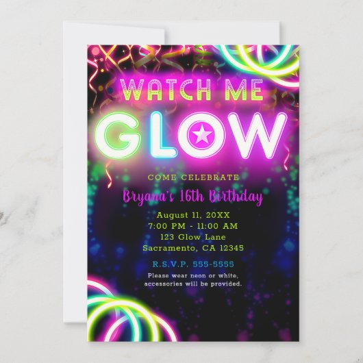 BEKIJK ME GLOW Neon verjaardagsfeestje Kaart (Voorkant)