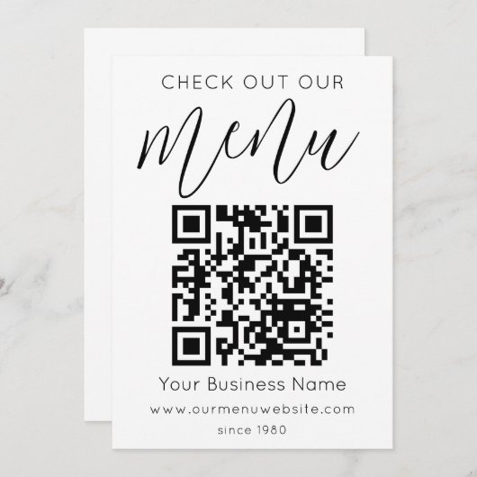 Bekijk ons menu QR Code Zwart Wit Chic Modern (Voorkant / Achterkant)
