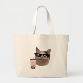 Beleefde Cat Meme met Swag Glasses en Boba Drink Grote Tote Bag