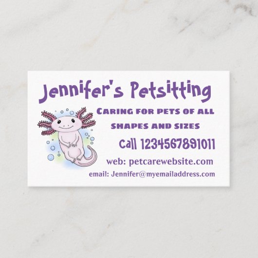 Belegend pink axolotl visitekaartje (Voorkant)