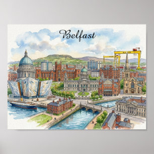 Belfast Noord-Ierland Stadspanorama Aquarel Kunst Poster