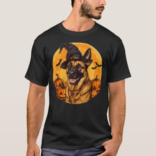 Belgian Malinois Dog Whitch Hat Halloween Pumpkin T-shirt (Voorkant)