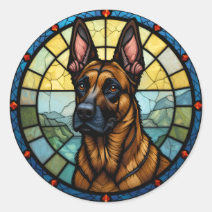 Belgian Malinois Glas in lood Style Illustration Ronde Sticker