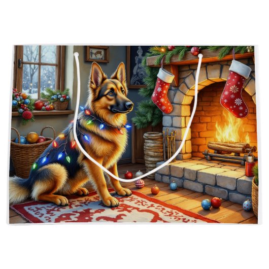Belgian Shepherd Fireplace with Christmas Lights Groot Cadeauzakje (Voorkant)