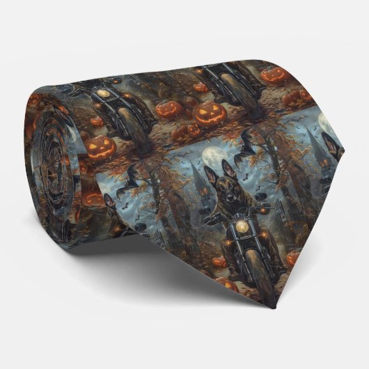 Belgian Shepherd Riding Motorcycle Halloween Scary Stropdas (Opgerold)