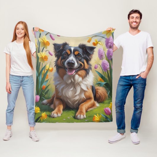 Belgian Shepherd Spring Bloemen Schilderij Fleece Deken (In situ)