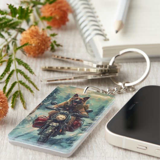 Belgische Herder Hond Rijden Motorfiets Kerstmis Sleutelhanger (Voorkant Rechts)