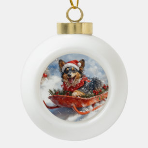 Belgische Herder in slee Laat het sneeuwen Kerstmi Keramische Bal Ornament