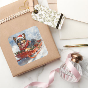 Belgische herder in slee laat het sneeuwen Kerstmi Vierkante Sticker