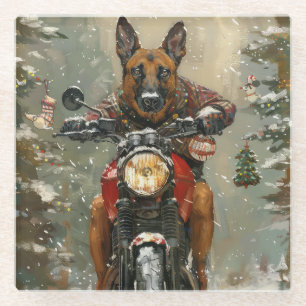 Belgische Malinoi Hond Rijden Motorfiets Kerstmis Glazen Onderzetter