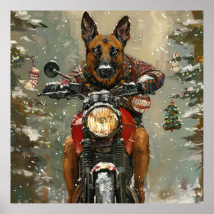 Belgische Malinoi Hond Rijden Motorfiets Kerstmis Poster