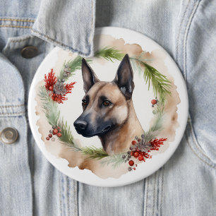 Belgische Malinoi Kerst Krans Feestelijke Pup Ronde Button 6,0 Cm