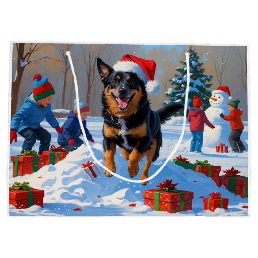 Belgische Malinoi Kerstfeest Sneeuwscène Groot Cadeauzakje (Achterkant)