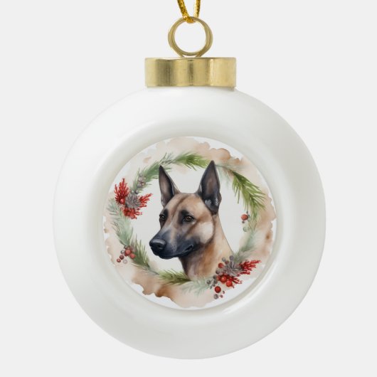 Belgische Malinoi Kerstkrans Feestelijke Pup Keramische Bal Ornament (Voorkant)