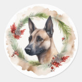 Belgische Malinoi Kerstkrans Feestelijke Pup Ronde Sticker (Voorkant)