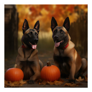 Belgische Malinoi Puppy Herfst Plezier Pompoen  Perfect Poster