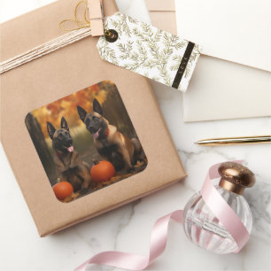 Belgische Malinoi Puppy Herfst Plezier Pompoen  Vierkante Sticker